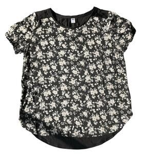 Old Navy Women Blouse size L Floral Black & White ShortSleeve Glossy Back